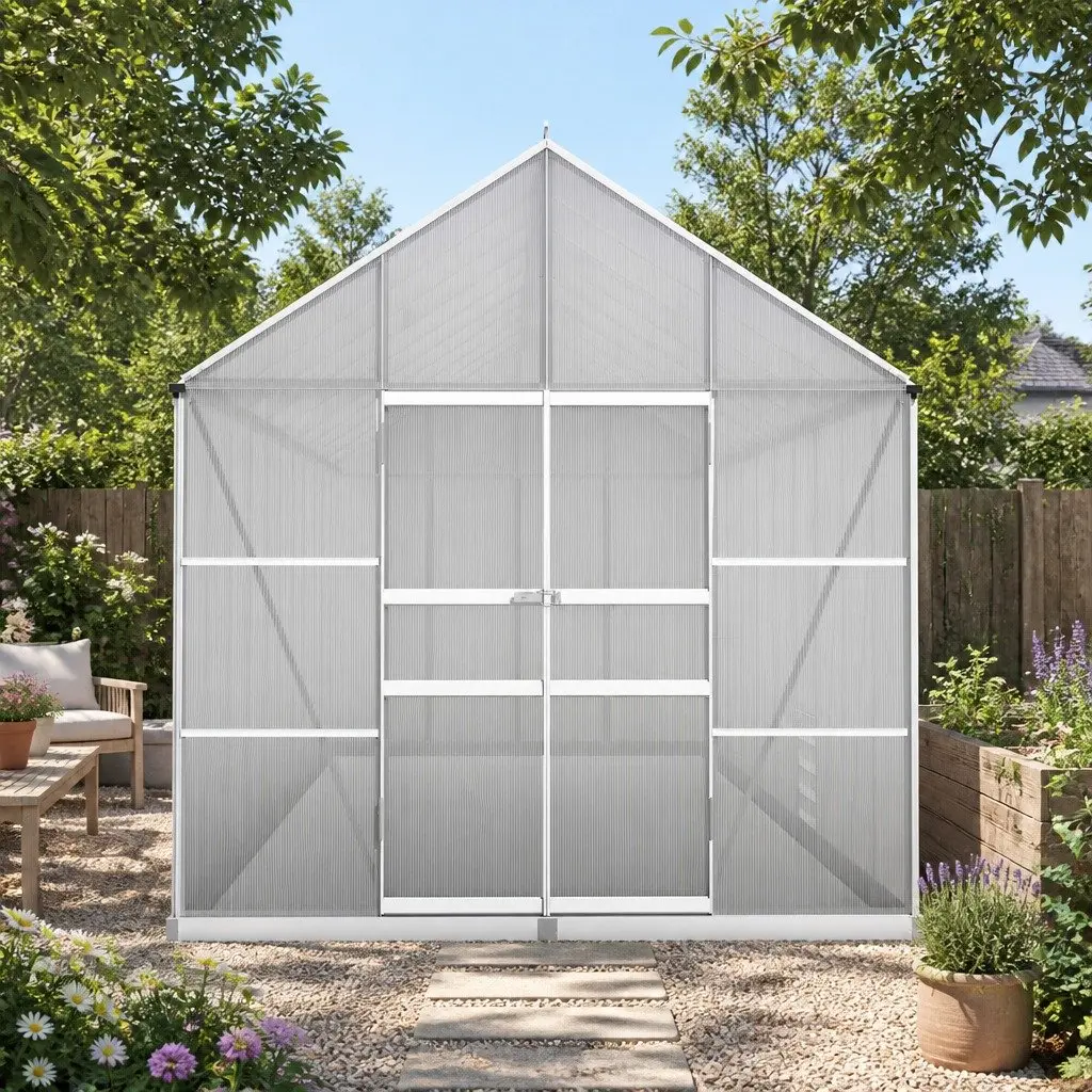 Aluminium Greenhouse Double Doors 6.03x2.44x2.68M Polycarbonate Panels Silver