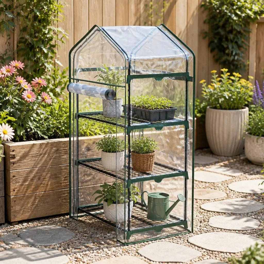 Mini Greenhouse 3 Tier Plant Shelves Waterproof PVC Cover Green with Transparent Panels