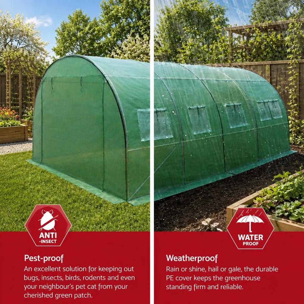 Tunnel Greenhouse Durable PE Cover 4x3x2M Green Steel Frame with Windows