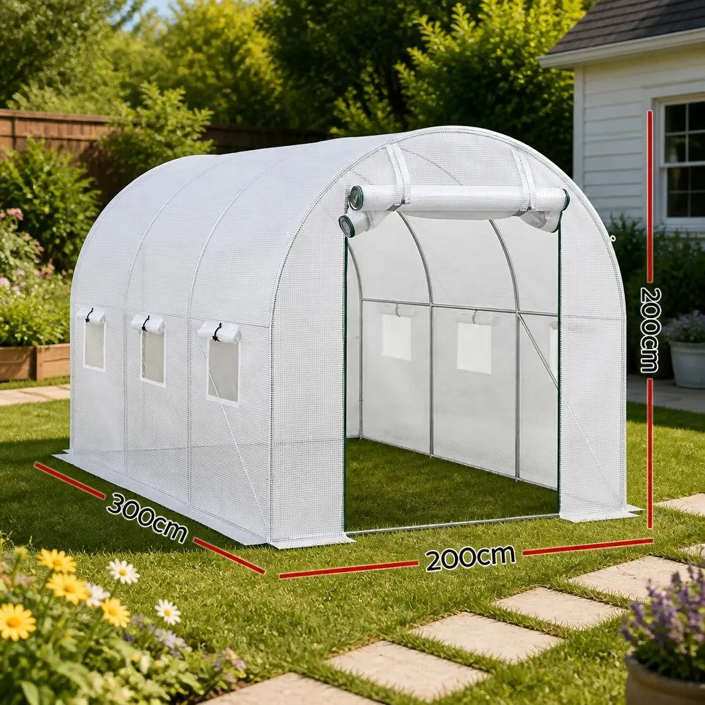 Walk In Greenhouse 3x2x2M Outdoor Garden PE Cover Steel Frame Roll-up Door