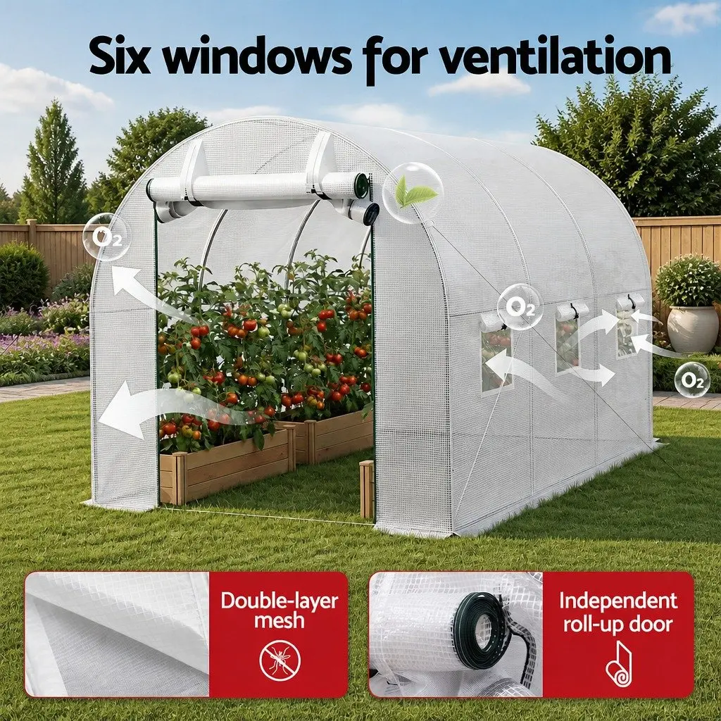 Walk In Greenhouse 3x2x2M Outdoor Garden PE Cover Steel Frame Roll-up Door