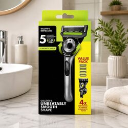 Razor Handle with 4 Blade Cartridges and Magnetic Storage Hook Grooming Tool