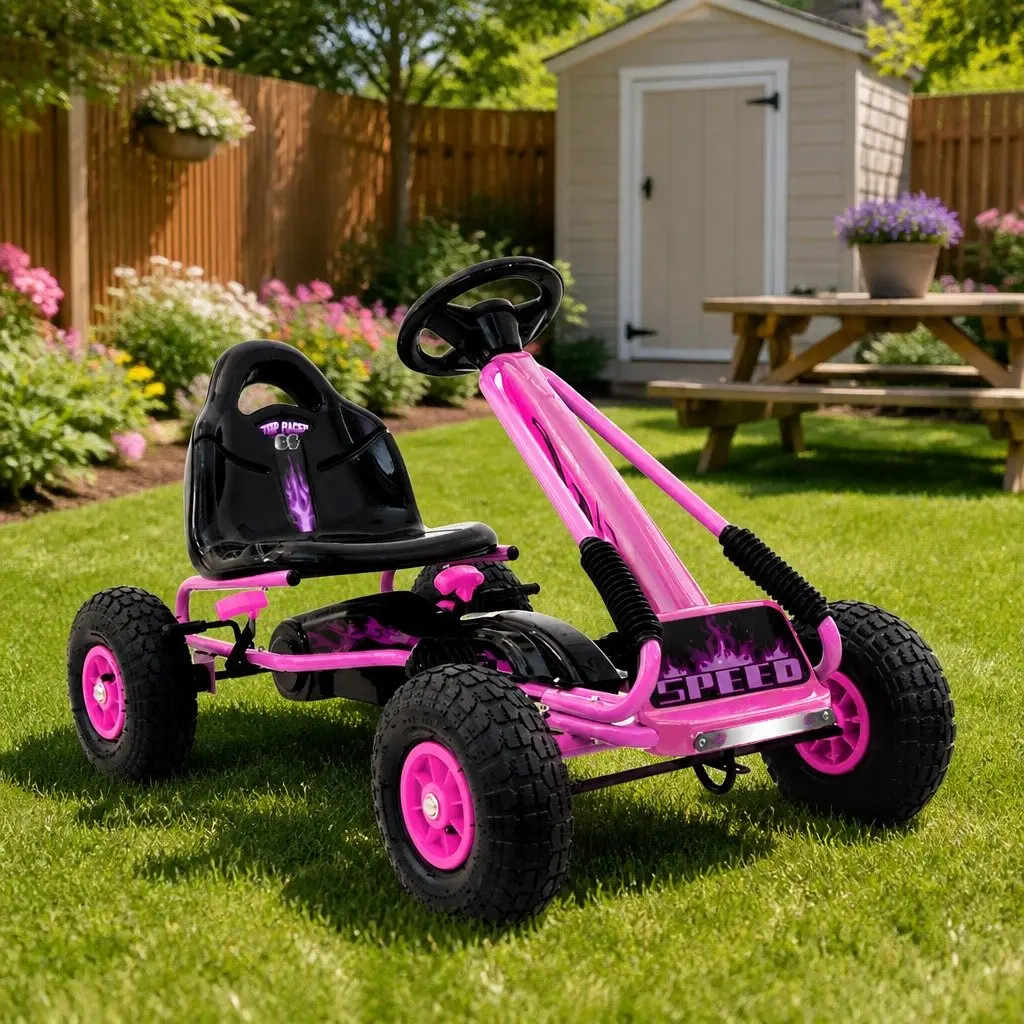 Kids Pedal Go Kart Rubber Tyres Pink Adjustable Seat 95-140cm
