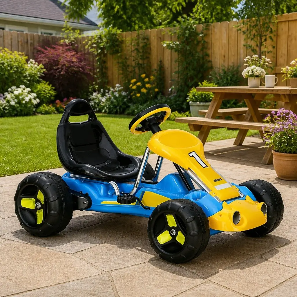 Kids Pedal Go Kart Racing Car Toy Blue Plastic Tyres Outdoor Play 94cm L x 61cm W x 53cm H
