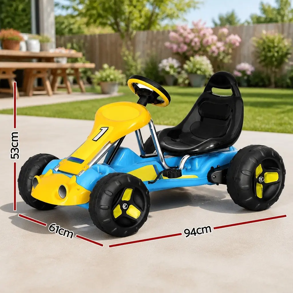Kids Pedal Go Kart Racing Car Toy Blue Plastic Tyres Outdoor Play 94cm L x 61cm W x 53cm H