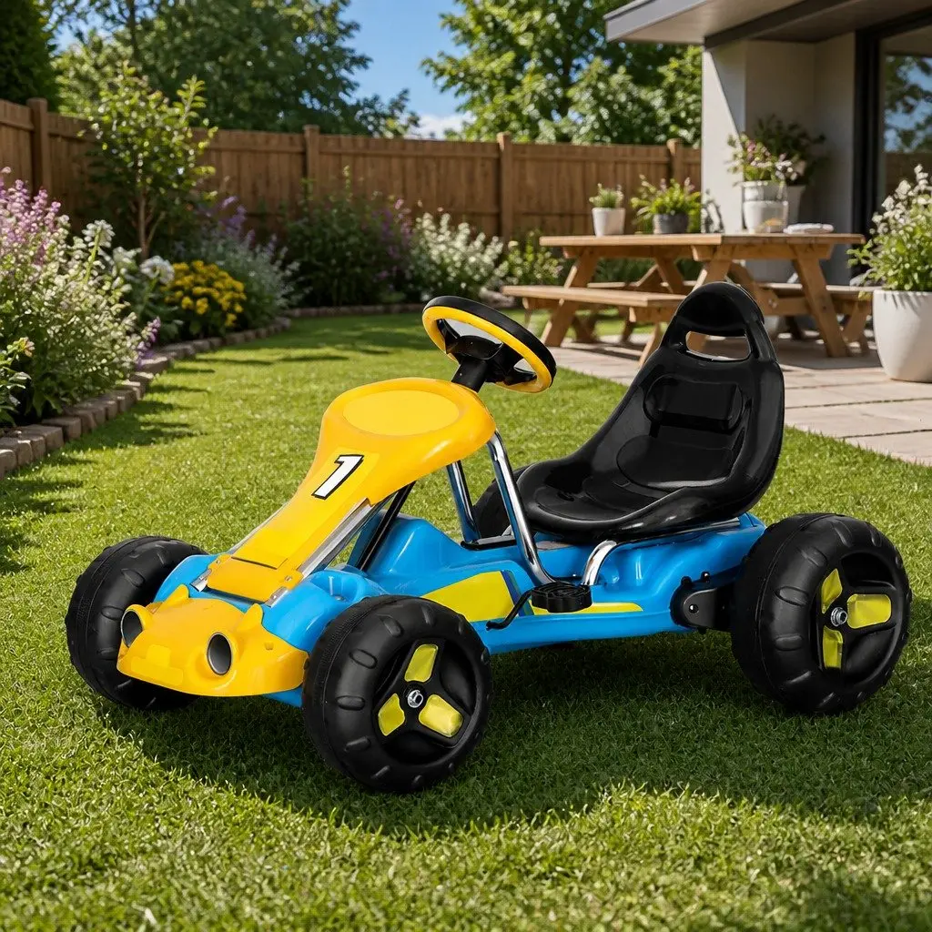 Kids Pedal Go Kart Racing Car Toy Blue Plastic Tyres Outdoor Play 94cm L x 61cm W x 53cm H