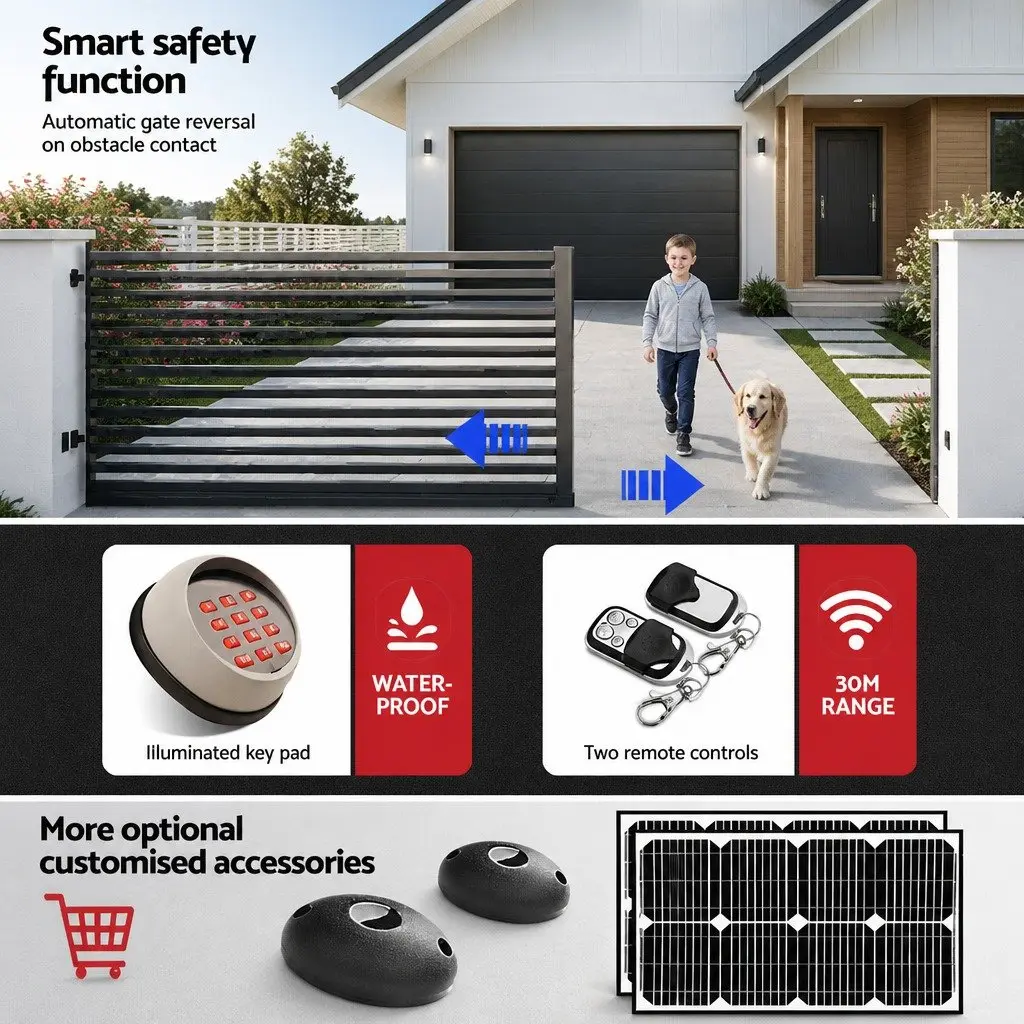 Electric Sliding Gate Opener 1800KG 6M Rail Keypad Remote Control System Grey or Black