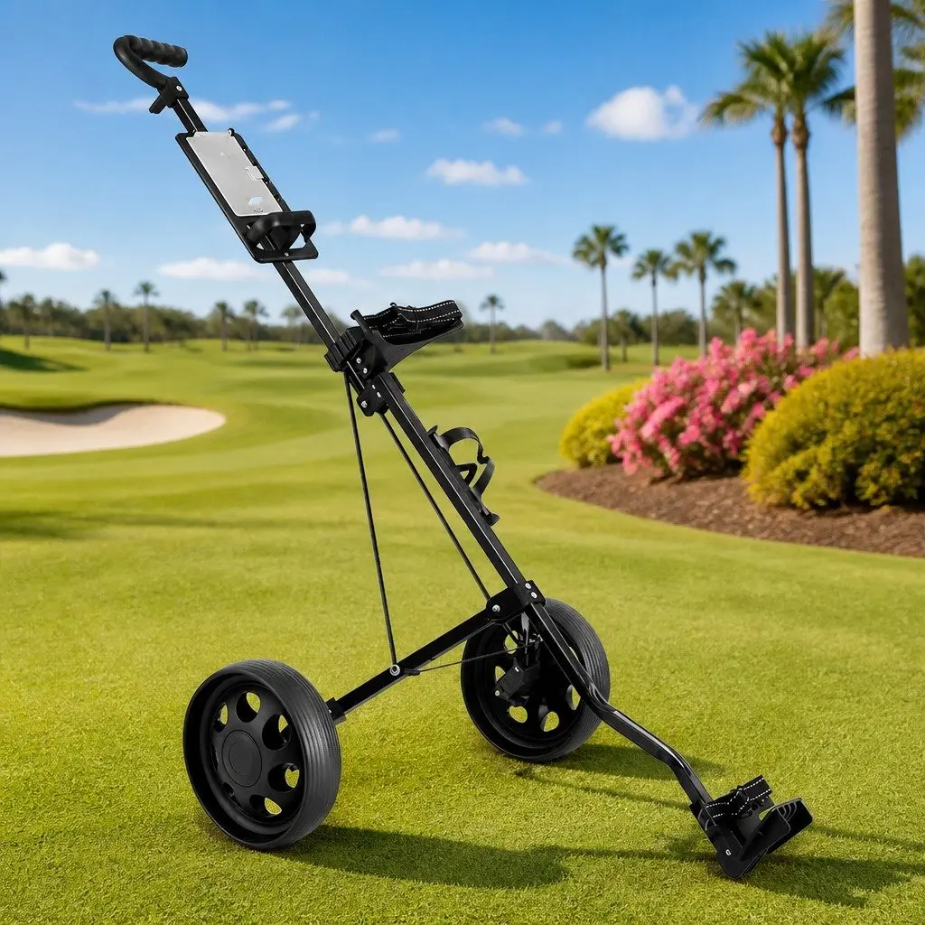 Golf Trolley 2 Wheel Folding Cart with Scoreboard Holder and Cup Holder Black Aluminium