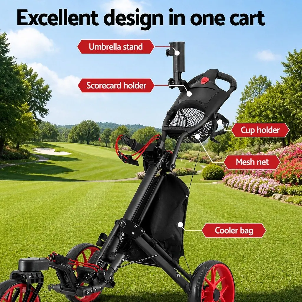 Golf Trolley Cart 3 Wheels Foldable with Swivel Front Wheels Umbrella Stand Black and Red