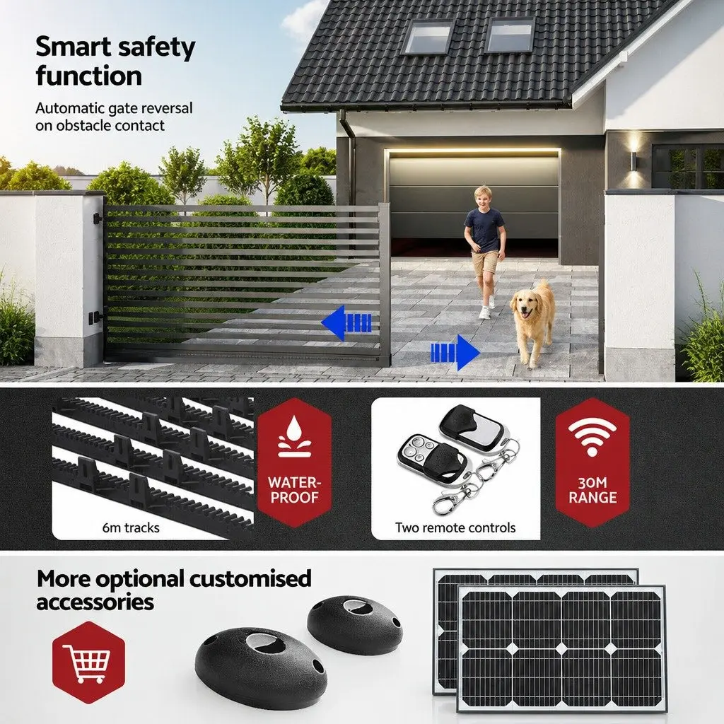 Electric Sliding Gate Opener Kit 6M 1200kg White Remote Control