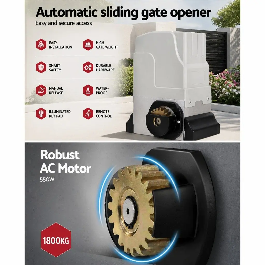 Automatic Sliding Gate Opener Motor Kit 550W 1800kg Capacity White