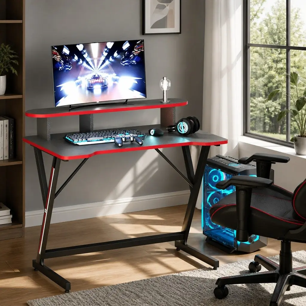 Gaming Desk Two Tier 100CM Black Y-Shaped Legs