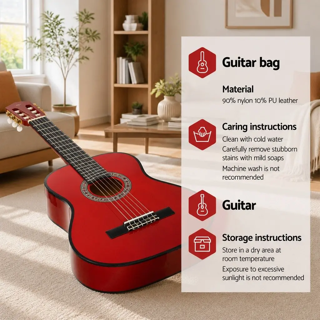 Classical Guitar 34 Inch Nylon String Wooden Body Red Auditorium