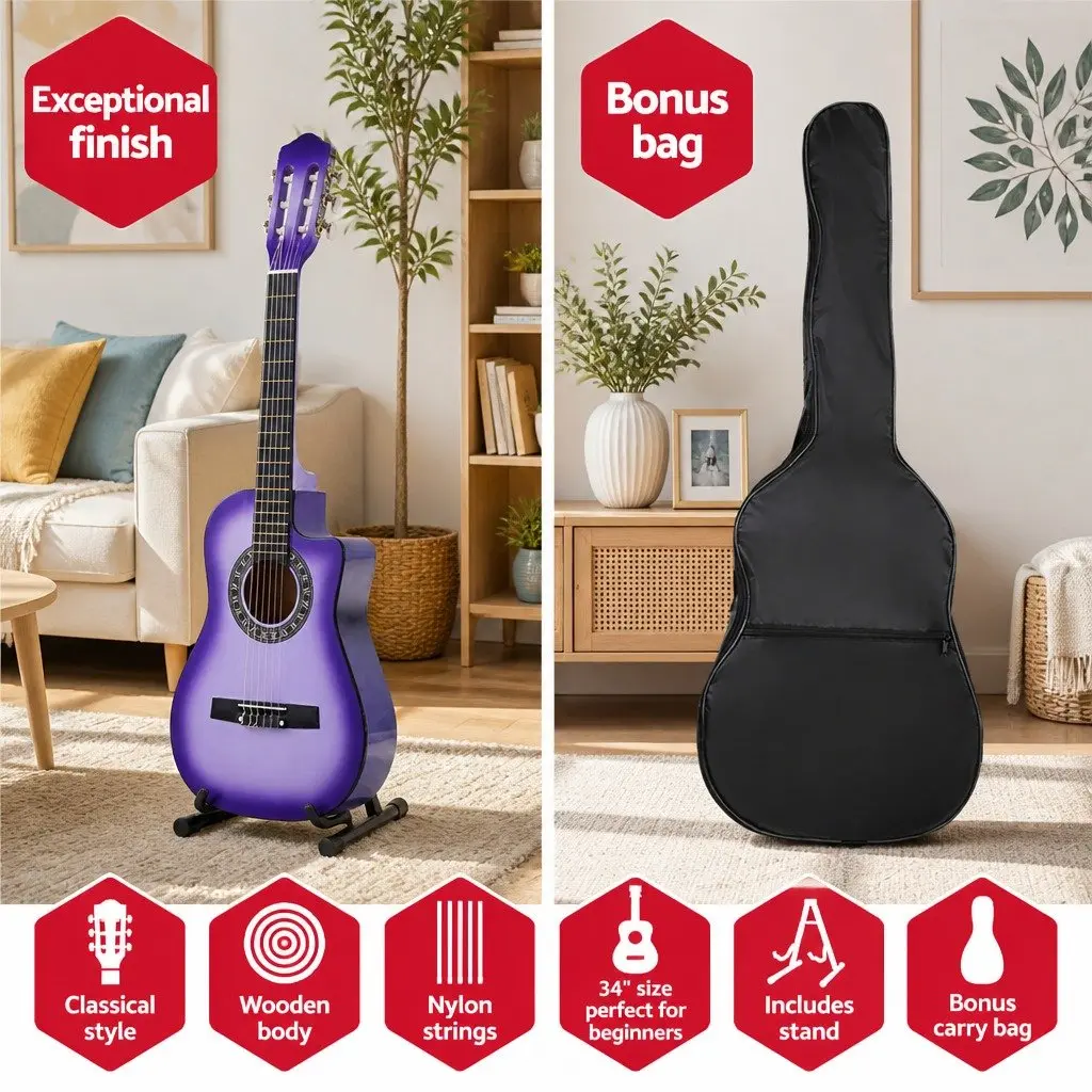 34 Inch Classical Guitar Nylon String Wooden Body Purple for Beginners