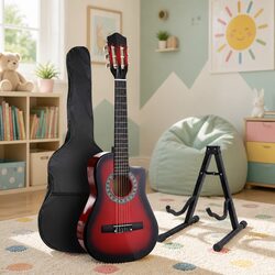 34 Inch Classical Guitar Wooden Body Nylon String Beginner Red with Stand Picks