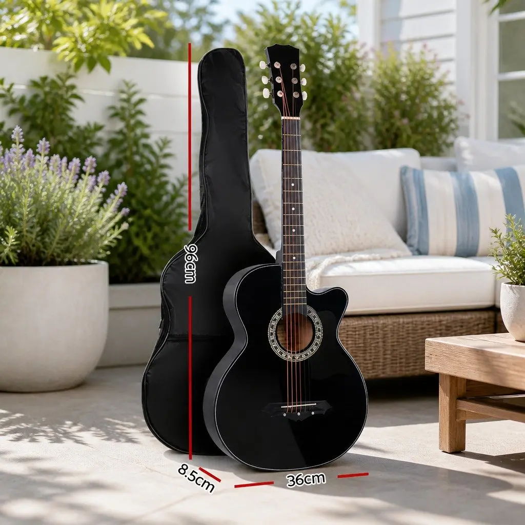 38 Inch Acoustic Cutaway Guitar Steel String Full Size Black Wooden Body Right Handed