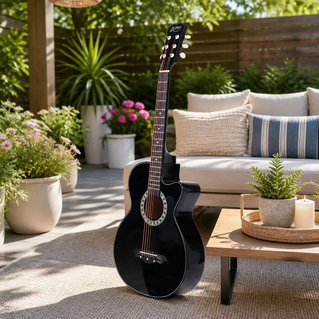 38 Inch Acoustic Cutaway Guitar Steel String Full Size Black Wooden Body Right Handed