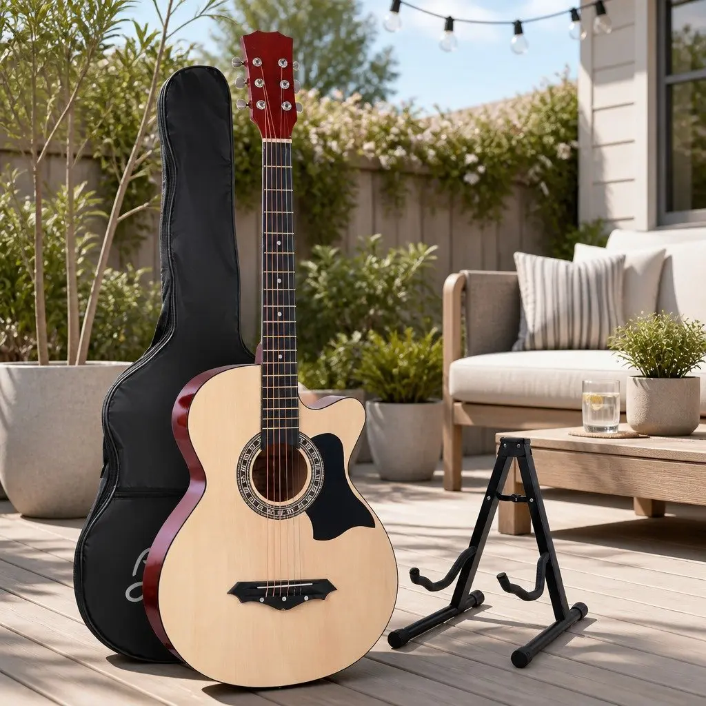 38 Inch Acoustic Cutaway Guitar Steel String Natural Wood Full Size