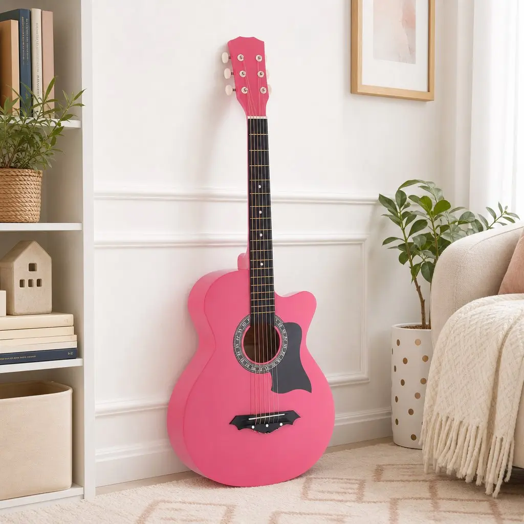 Acoustic Guitar Steel String Cutaway 38 Inch Right Handed Pink