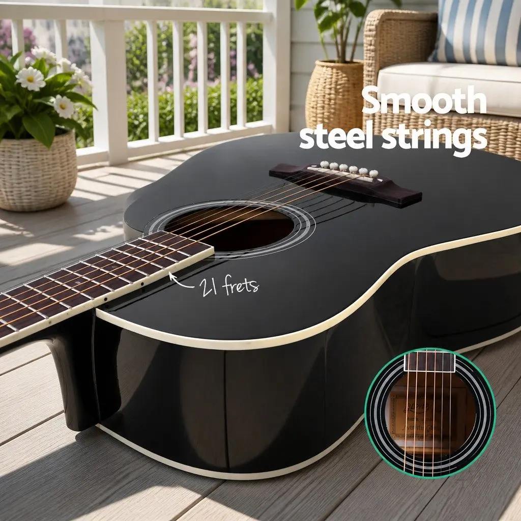 41 Inch Acoustic Cutaway Guitar Steel String Dreadnought Black Wooden Body