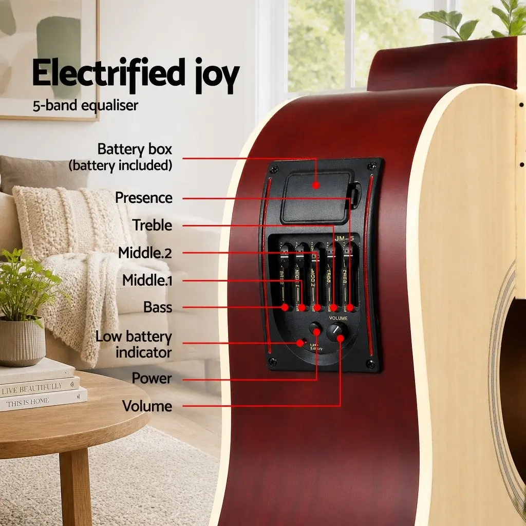 41 Inch Acoustic Guitar Cutaway Electric Output 5-Band EQ Natural Wood