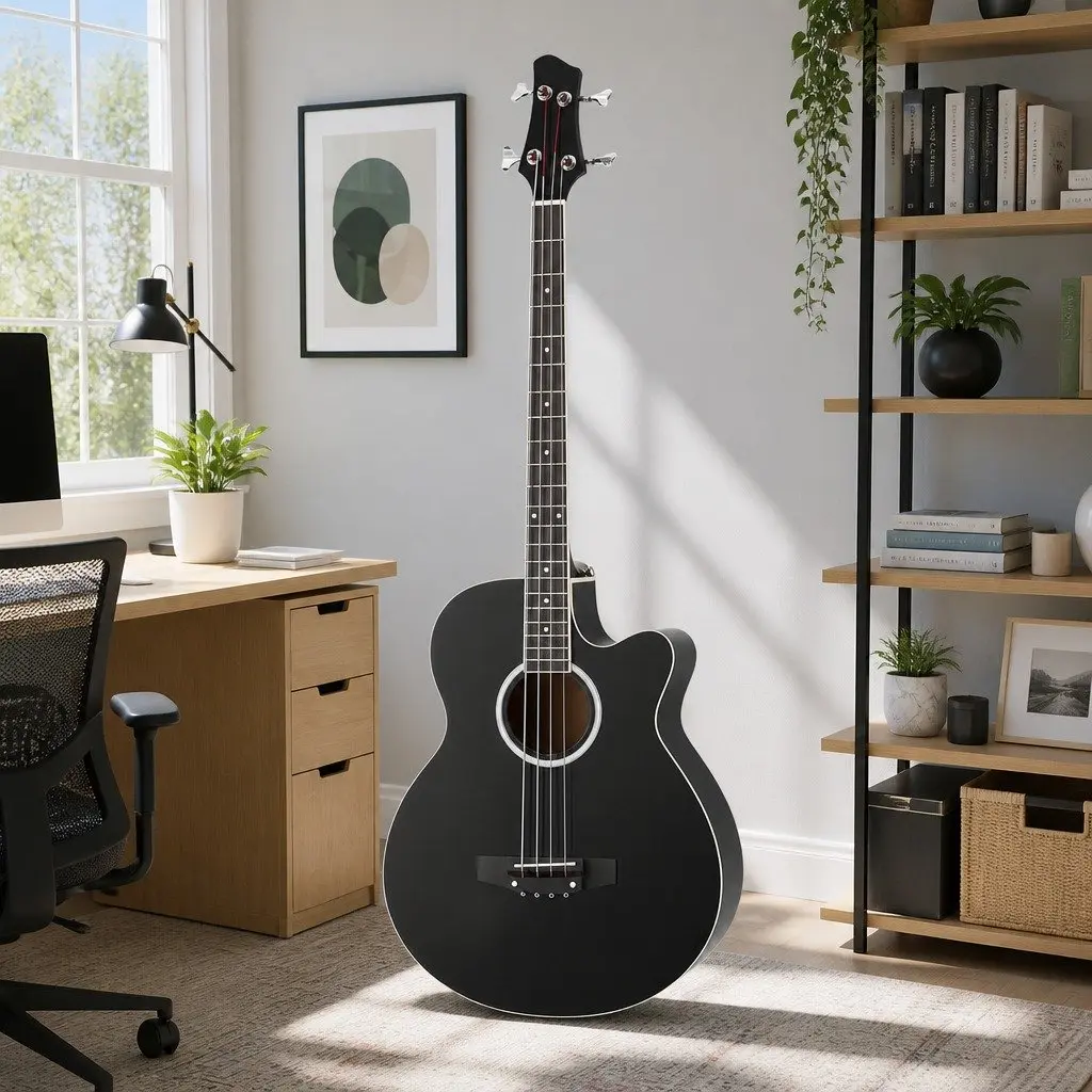 Acoustic Bass Guitar Dreadnought 43 Inch Black 4-Band EQ Steel Strings