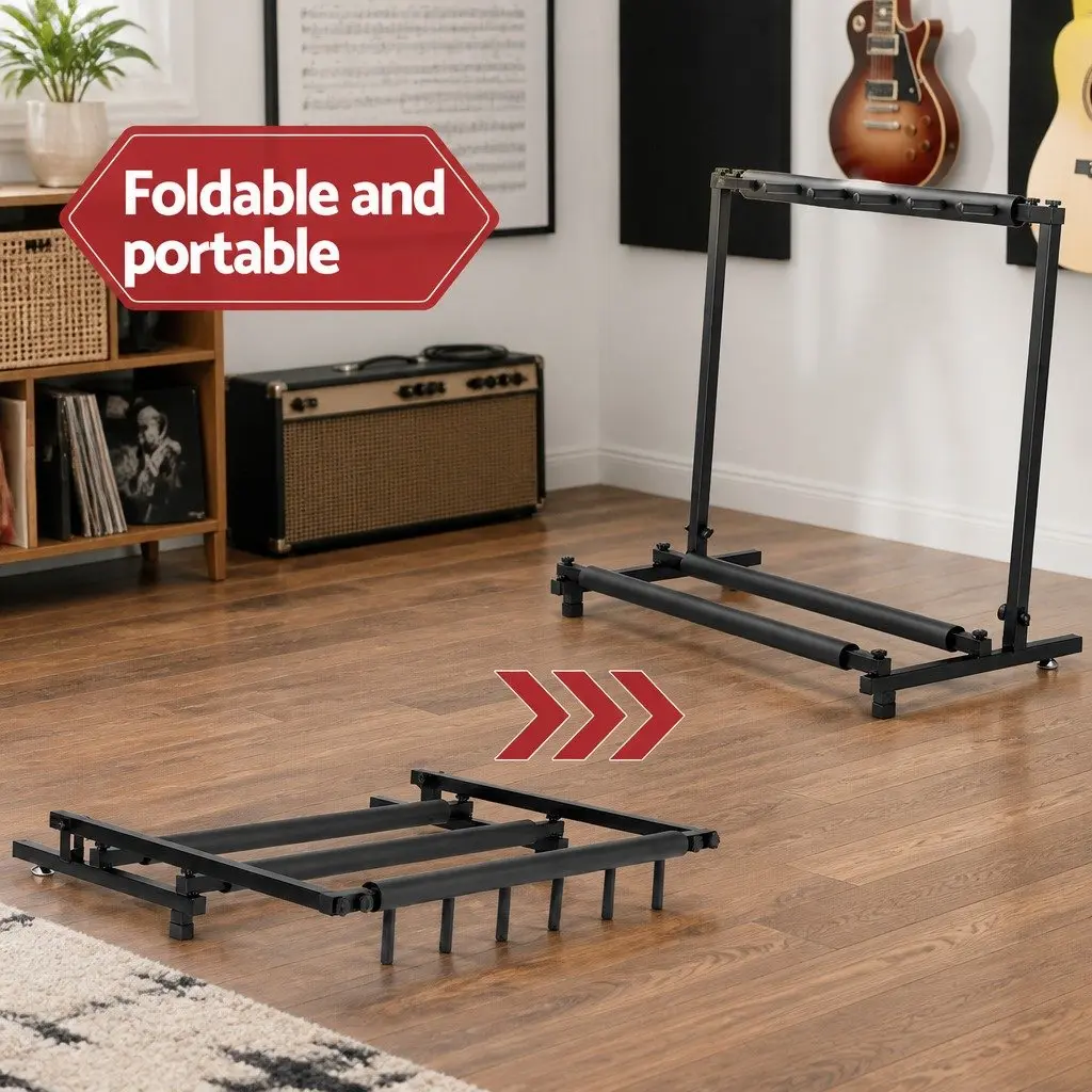 Guitar Stand Rack Holder Display Foldable 5 Guitars Black Iron Frame