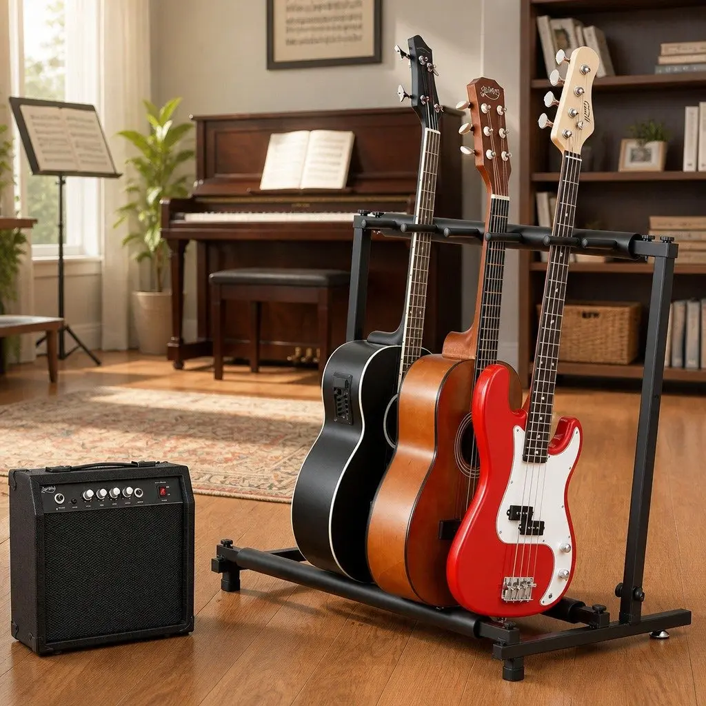 Guitar Stand Rack Holder Display Foldable 5 Guitars Black Iron Frame