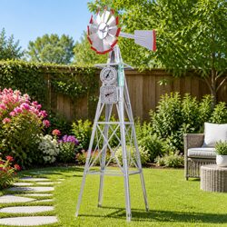 Garden Windmill 6FT Outdoor Ornament Weathervane 12 Blade Metal Decoration Grey
