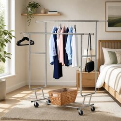 Clothes Rack Airer Double Rail Coat Stand Adjustable Hanger Storage Silver