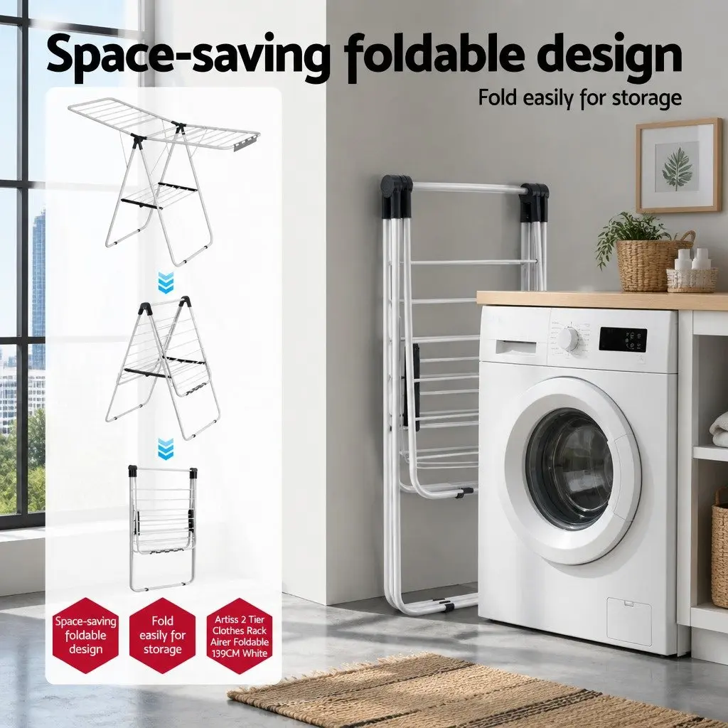 Clothes Drying Rack Two Tier Foldable 139CM White Laundry Dryer Stand