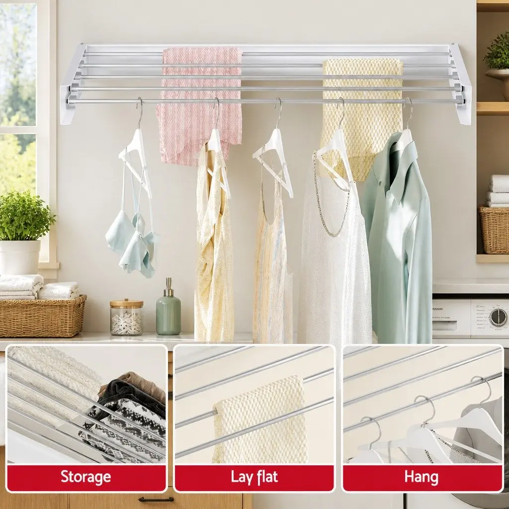 Wall Mounted Clothes Drying Rack Foldable Airer 5 Rods Space Saving Laundry