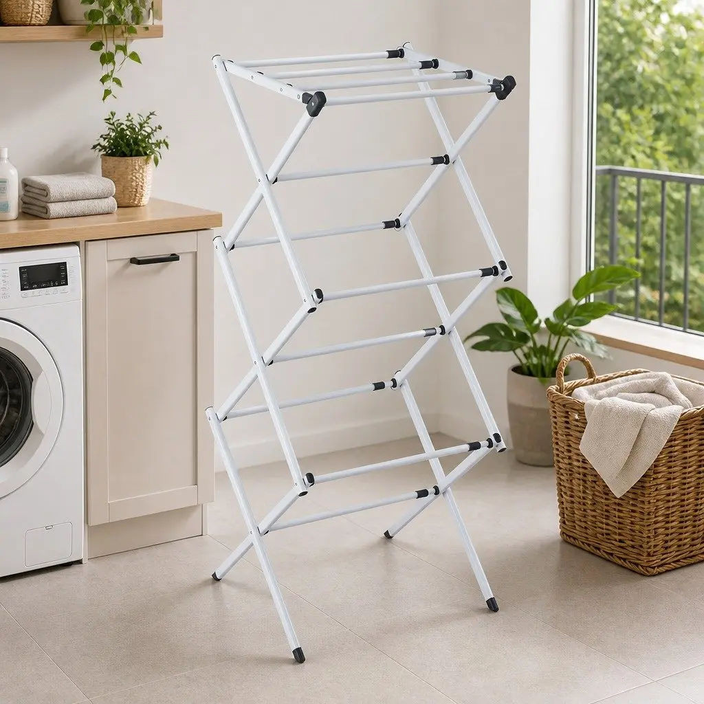 Foldable Clothes Rack Portable Drying Stand 11 Hanging Rods Grey and White Metal