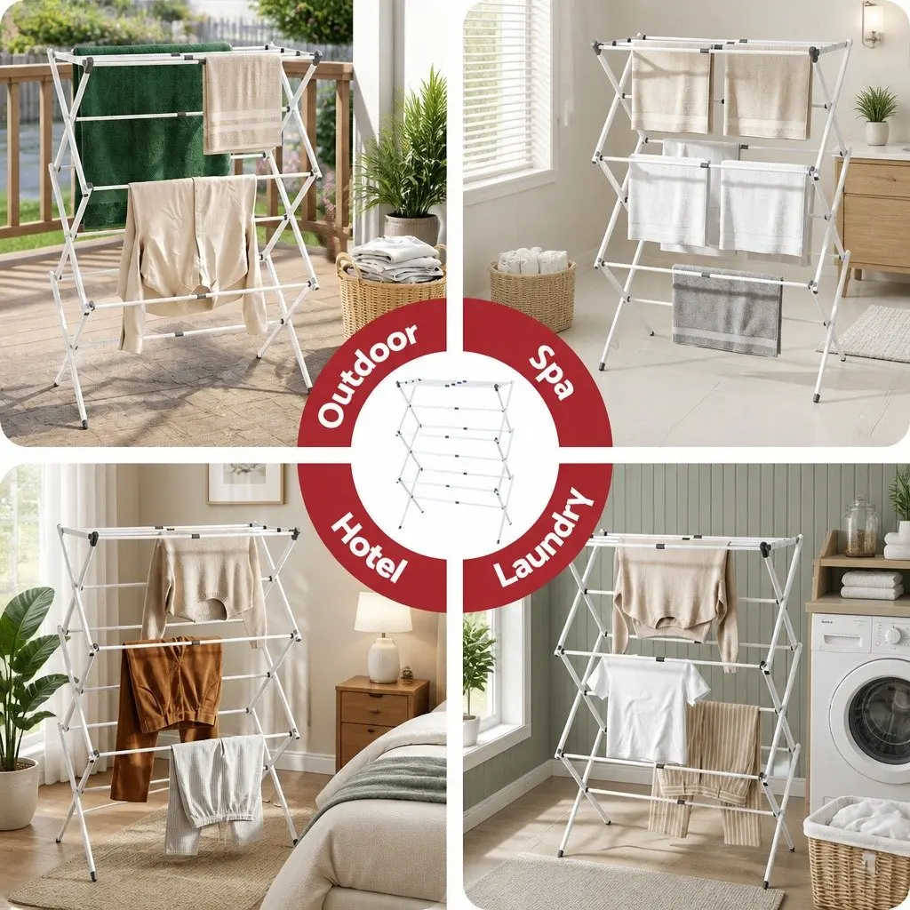 Foldable Clothes Rack Portable Drying Stand 11 Hanging Rods Grey and White Metal