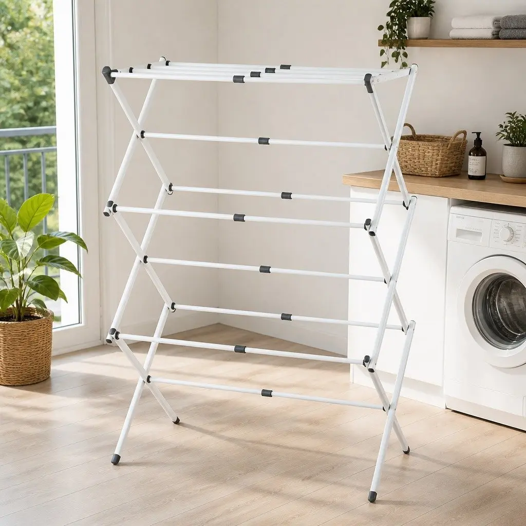 Foldable Clothes Rack Portable Drying Stand 11 Hanging Rods Grey and White Metal