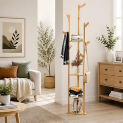 Clothes Rack Airer Coat Stand 9 Hooks Bamboo Garment Storage Hanger Tree Design