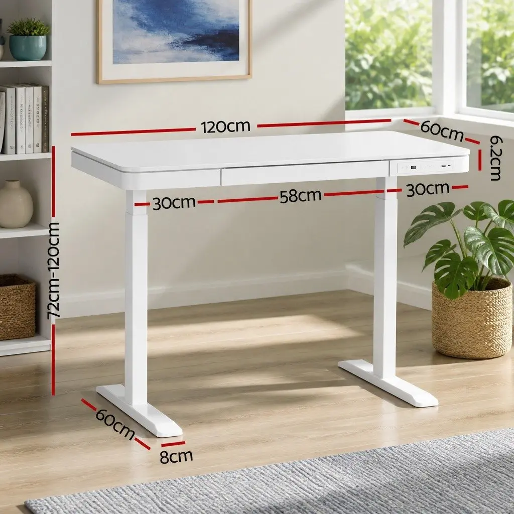 Electric Standing Desk Motorised Height Adjustable 120cm White with Drawer