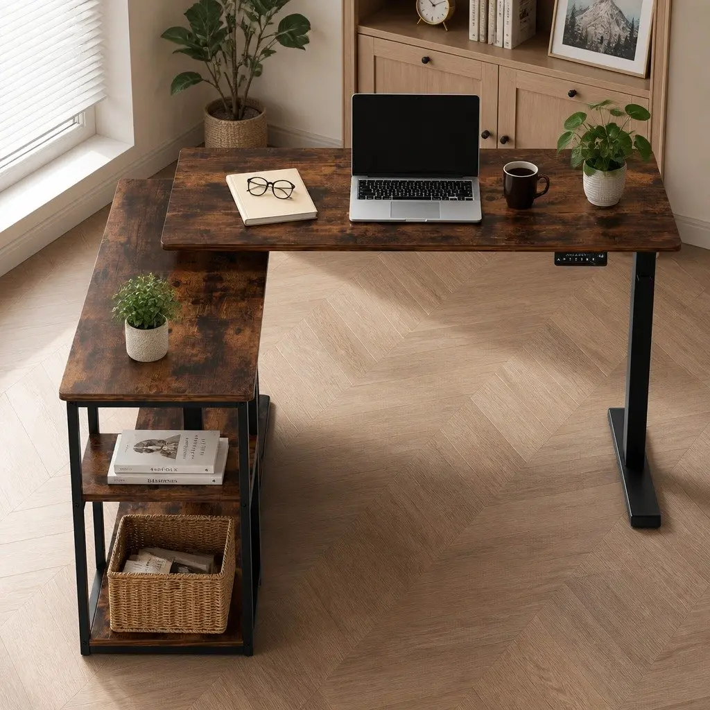 Electric Standing Desk L-Shaped Adjustable Height Motorised Office Workstation Walnut or Rustic Brown