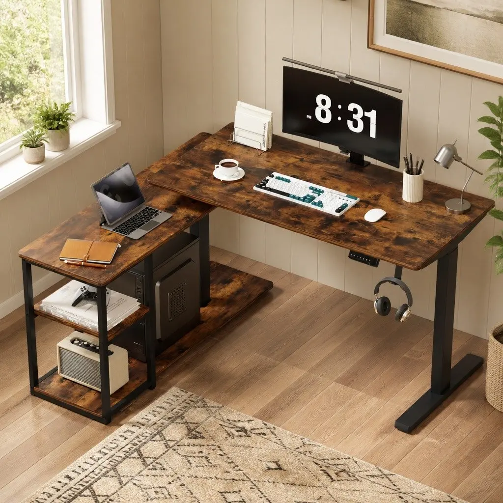 Electric Standing Desk L-Shaped Adjustable Height Motorised Office Workstation Walnut or Rustic Brown