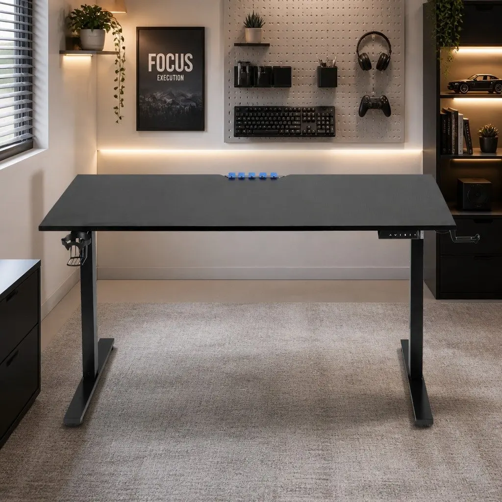 Electric Standing Desk Height Adjustable 140cm Black Memory Control RGB LED
