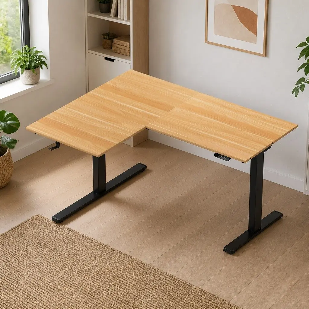 L-Shape Electric Standing Desk Height Adjustable Dual Motor Splicing Tabletop Oak Black 72cm to 121cm