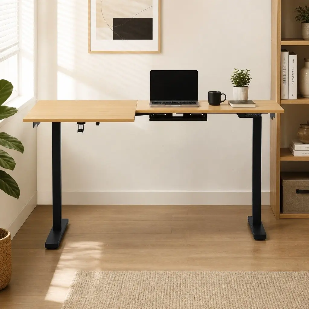 L-Shape Electric Standing Desk Height Adjustable Dual Motor Splicing Tabletop Oak Black 72cm to 121cm