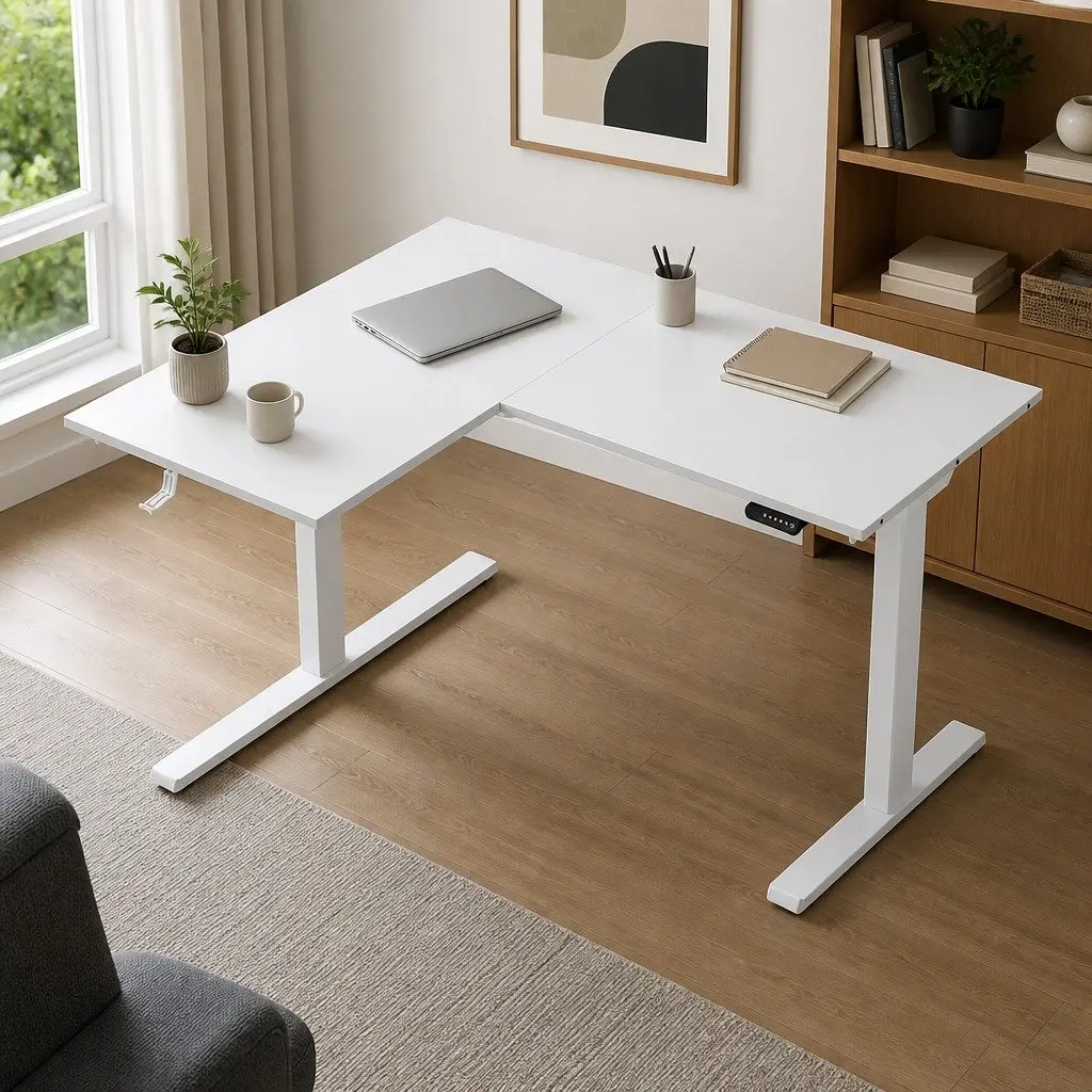 L-Shape Standing Desk Electric Height Adjustable Motorised Sit Stand White Oak