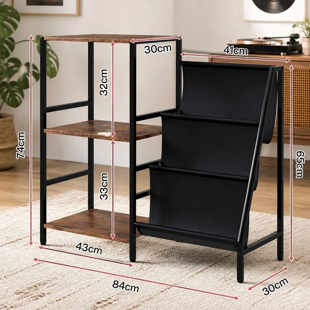 3-Tier Record Player Stand Vinyl Storage Cabinet Rustic Brown and Black Metal Frame