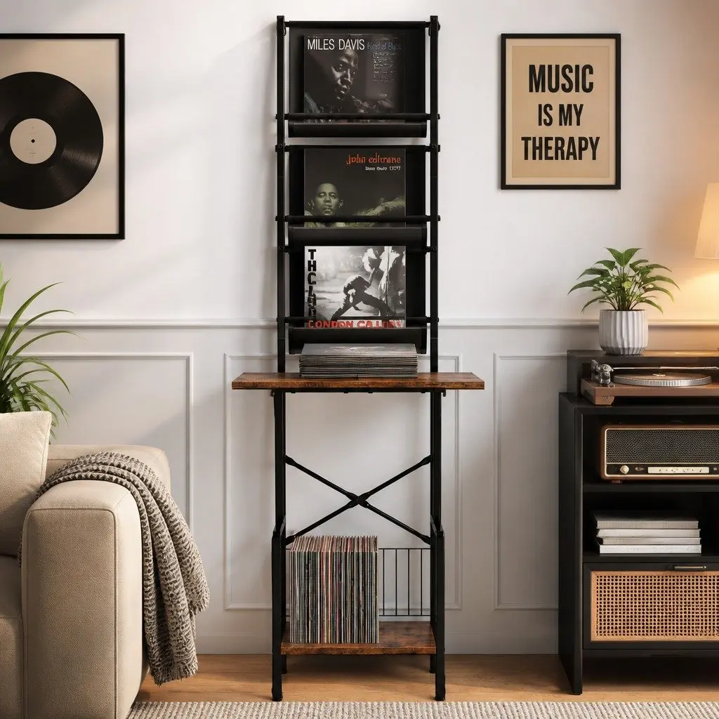 Record Player Stand Tall Vinyl Storage Rack Holds Up to 200 Albums Brown and Black