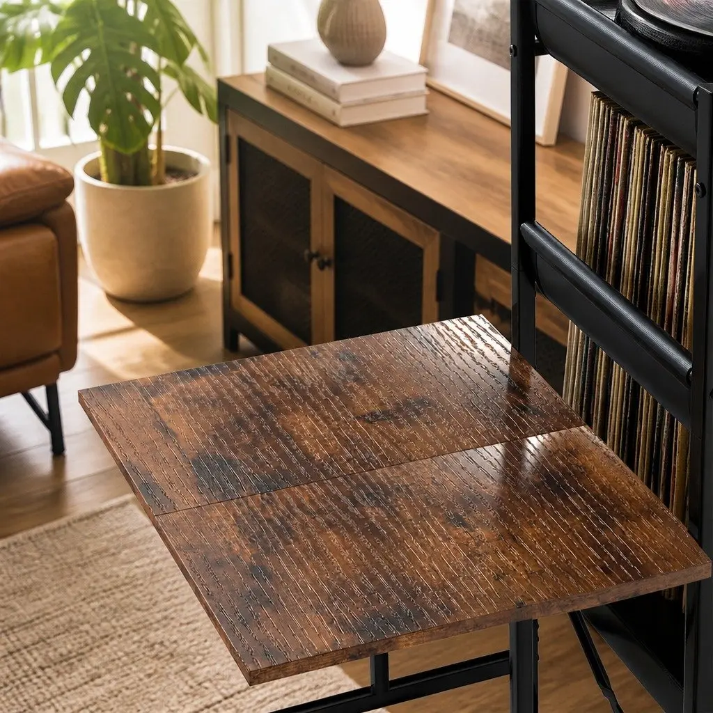 Record Player Stand Tall Vinyl Storage Rack Holds Up to 200 Albums Brown and Black