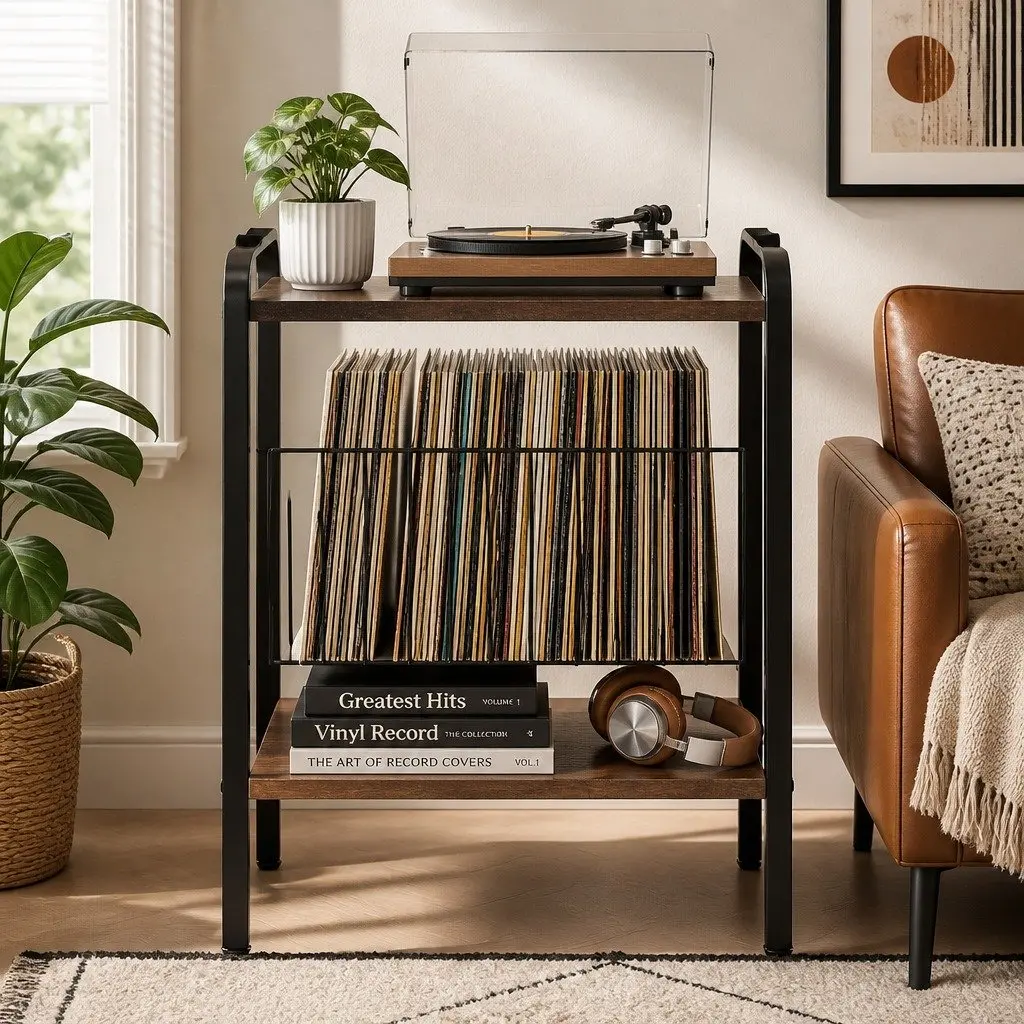 Record Player Stand Tall Vinyl Storage Rack Holds Up to 200 Albums Brown and Black