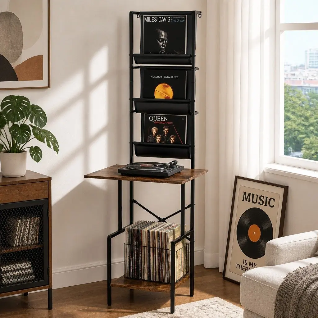 Record Player Stand Tall Vinyl Storage Rack Holds Up to 200 Albums Brown and Black