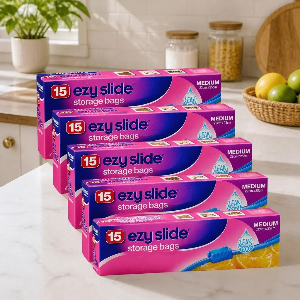 Medium Storage Bags Slide Seal 15pk x5 Pantry Food Snack Household Organiser