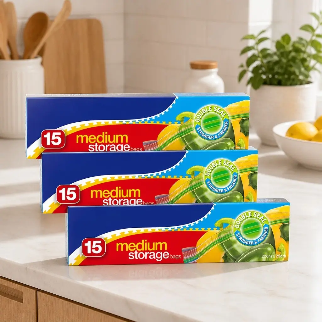 Medium Storage Bags 15pk x3 Resealable Food Bags Pantry Kitchen Organiser
